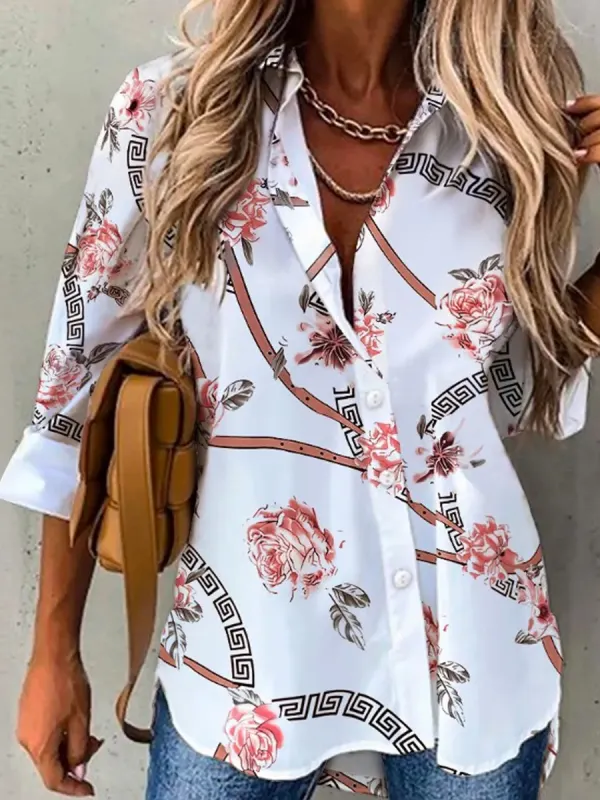 Floral Geometric Print Casual Long-sleeved Blouse - Funluc.com 