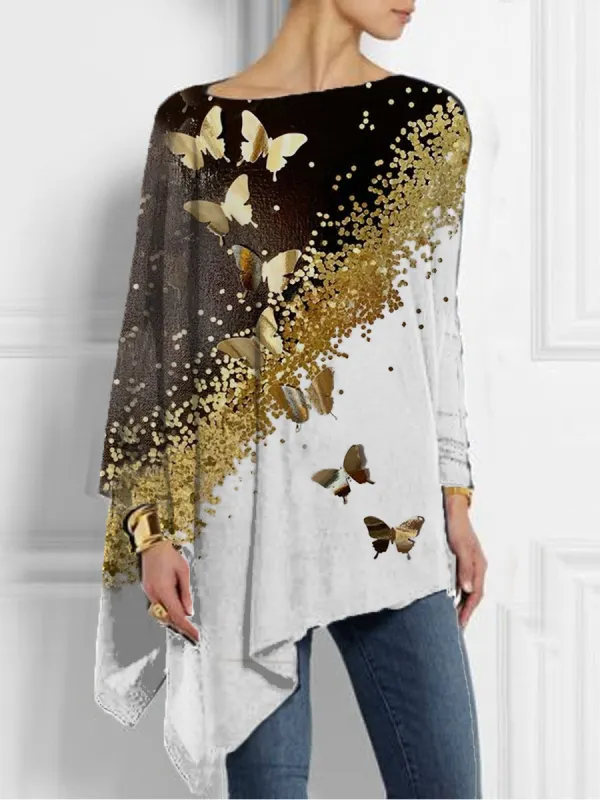 Fashion Golden Butterfly Print Asymmetry Top Women - Viewbena.com 
