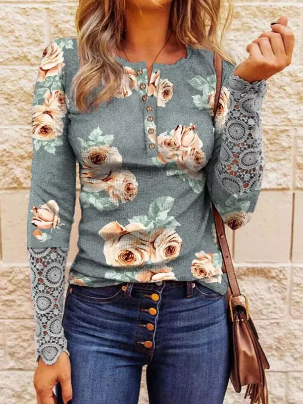 Floral Lace Patchwork Button Long-Sleeves Blouse - Machoup.com 