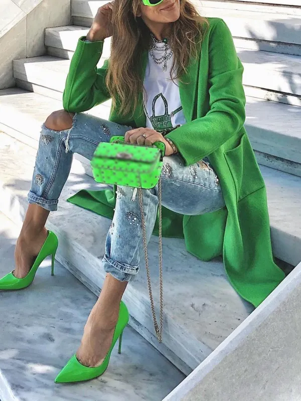 Ladies Fashion Green Wool Blended Cardigan Coat Jacket - Machoup.com 