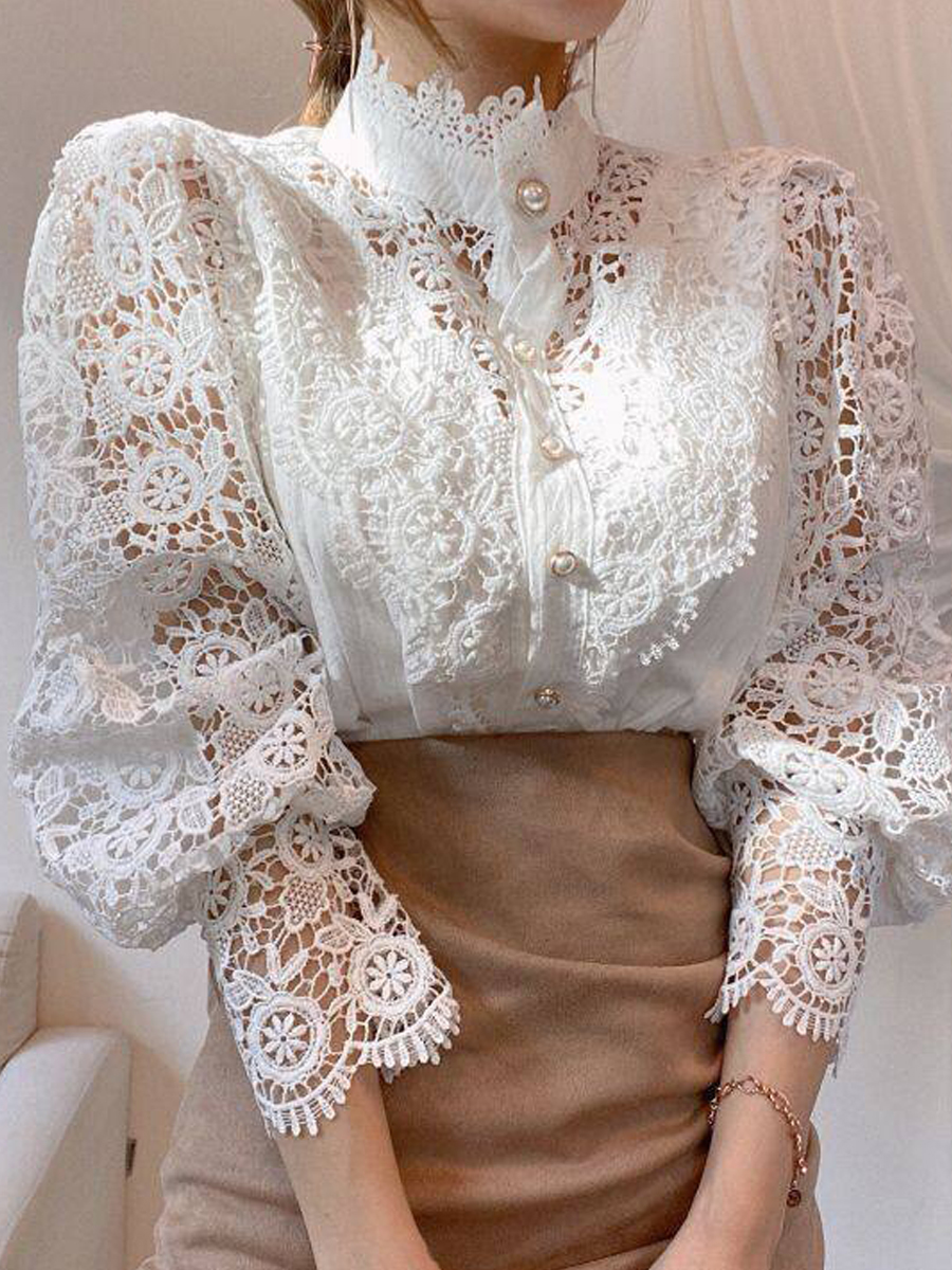 Loose Lace Hollow Flower Stitching Long sleeved Stand Collar Blouse