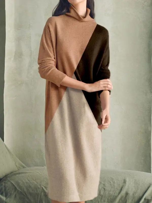Fashion Colorblock Printed Long Sleeve Casual Maxi Dress - Minicousa.com 