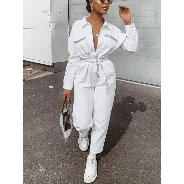 Women's Fashionable Pure White Cotton And Linen Tooling High Waist Jumpsuit - Seeklit.com 