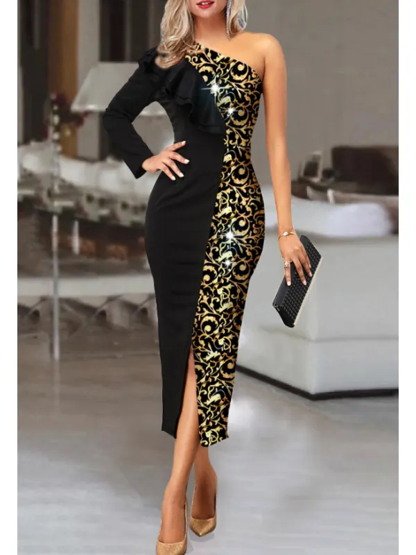 Модное элегантное платье с цветочным принтом на одно плечо с открытыми плечами - Funluc.com 