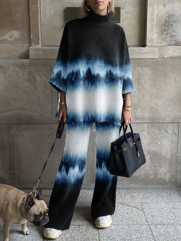 Ladies Fashion Tie Dye Gradient Blue Printed Suit - Anystylish.com 