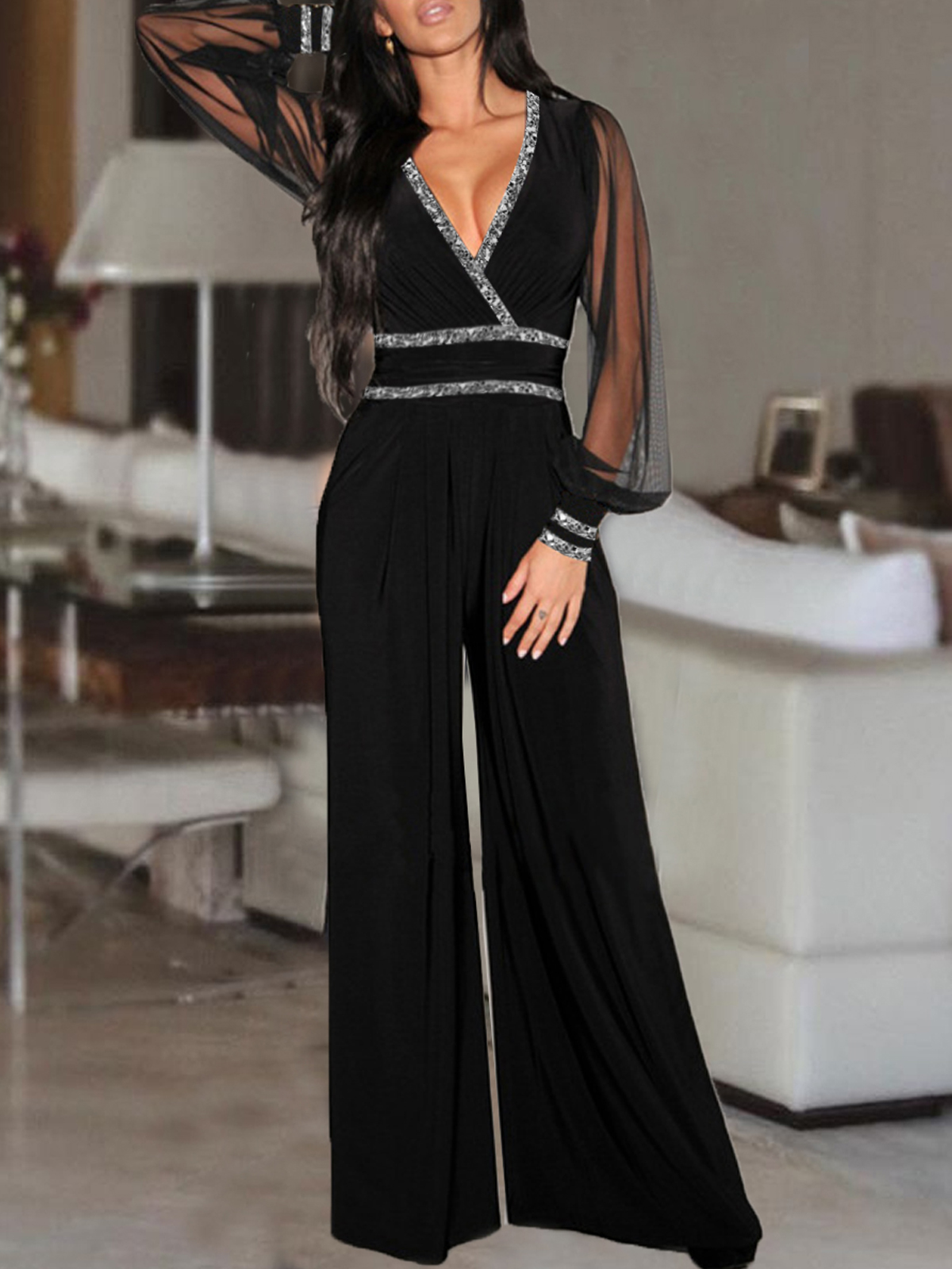 Sequin Print Mesh Sleeve V neck Jumpsuit Women