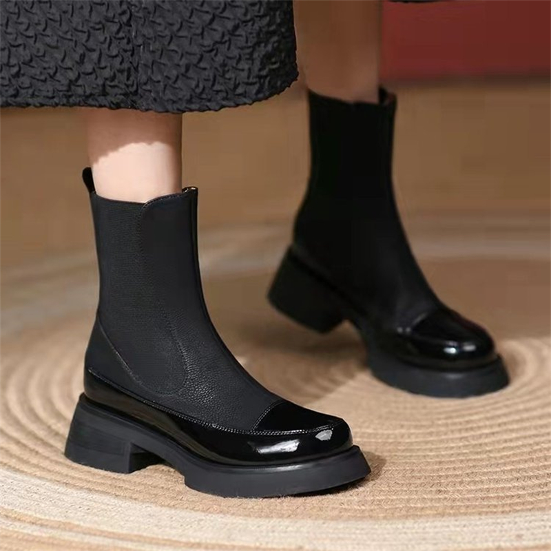 Ladies Retro Round toe Paint Stitching Stretch Boots