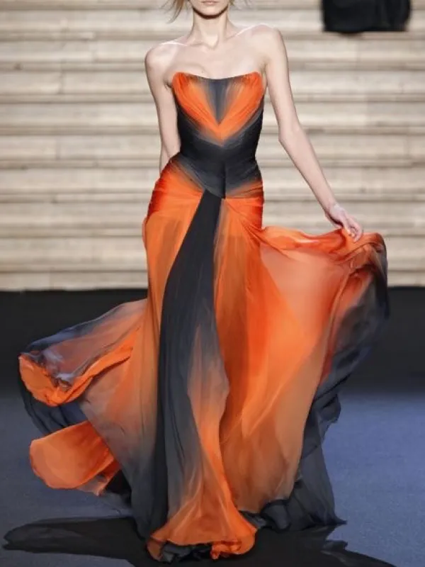 Orange Chiffon Gradient Bandeau Dress - Machoup.com 