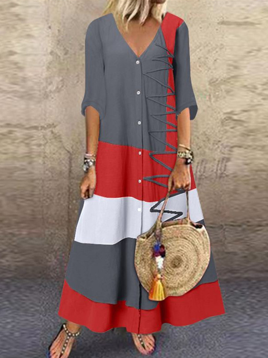 Summer V neck Short sleeved Vintage Printed Maxi Dress