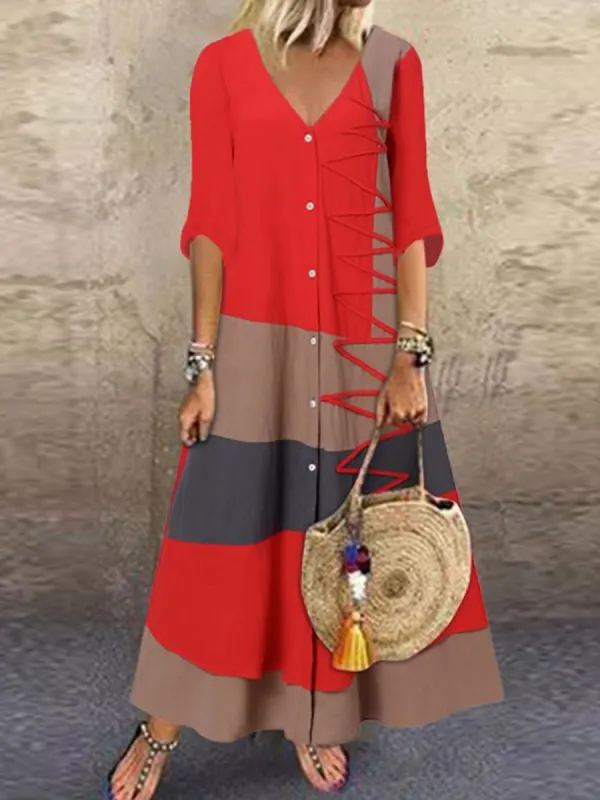 Summer V-neck Short-sleeved Vintage Printed Maxi Dress - Realyiyi.com 