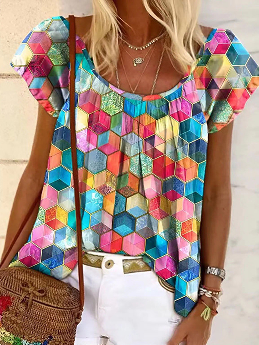 Casual Geometric Print Crew Neck Short Sleeve T Shirt