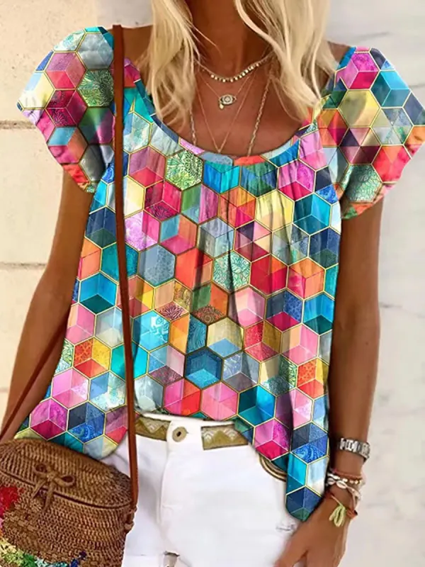 Casual Geometric Print Crew Neck Short Sleeve T-Shirt - Oasisjoy.com 