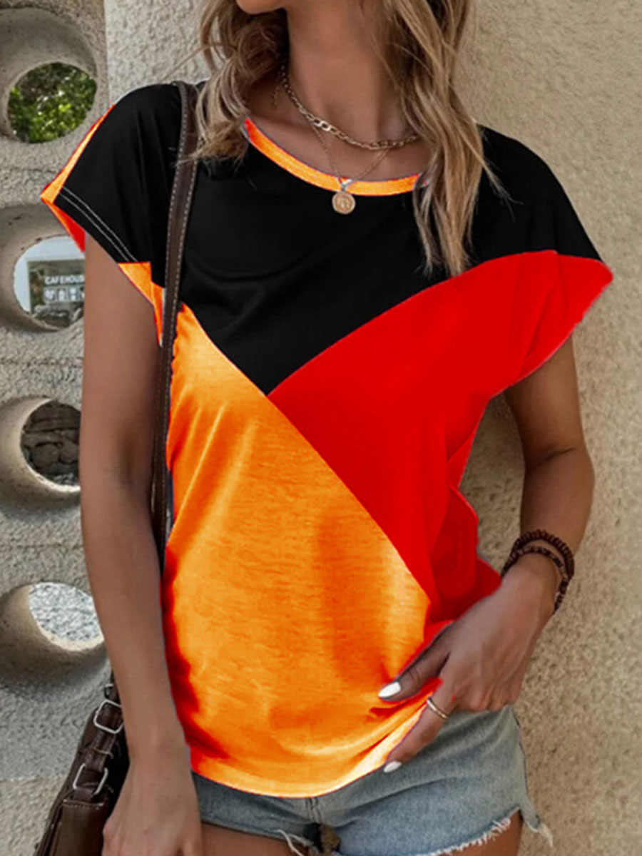 Round Neck Casual Loose Color Block Short sleeved T shirt