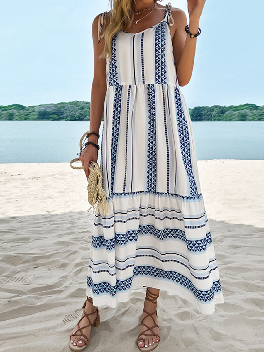 Casual Crew Neck Strap Stripe Maxi Dress
