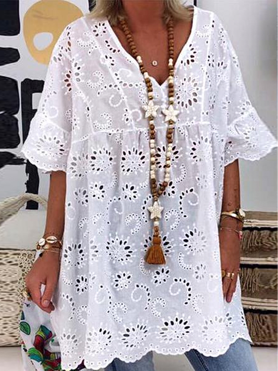 Casual Solid Color V Neck Cutout Short Sleeve Blouse