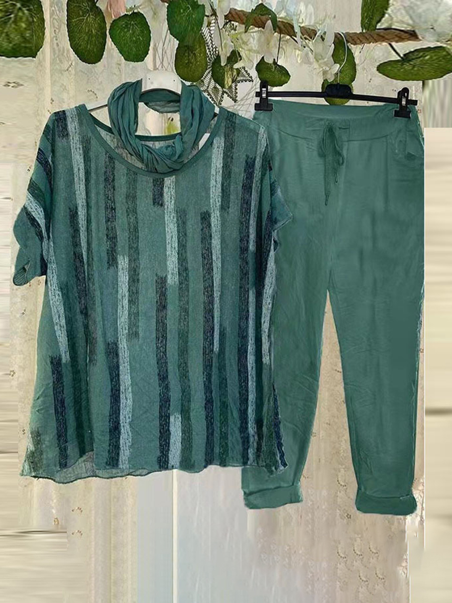 Cotton Print Casual Short Sleeve T shirt And Bottom Suit