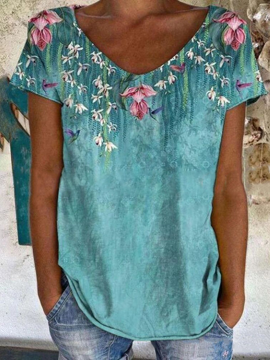 Casual Loose Floral Print V Neck Short Sleeve T Shirt