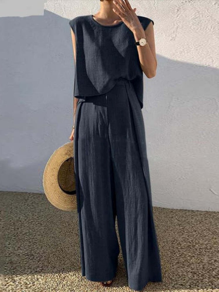 Women's Elegant Simple Cotton Linen Round Neck High Waist Straight Solid Color Suit