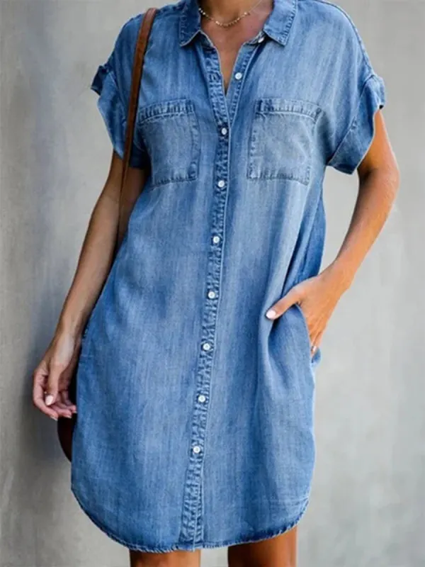 Casual Short Sleeve Denim Dress - Oasisjoy.com 