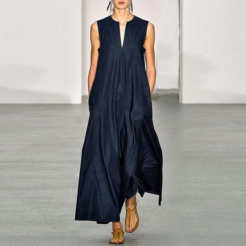 Ladies Casual Fashion V Neck Solid Color Dress