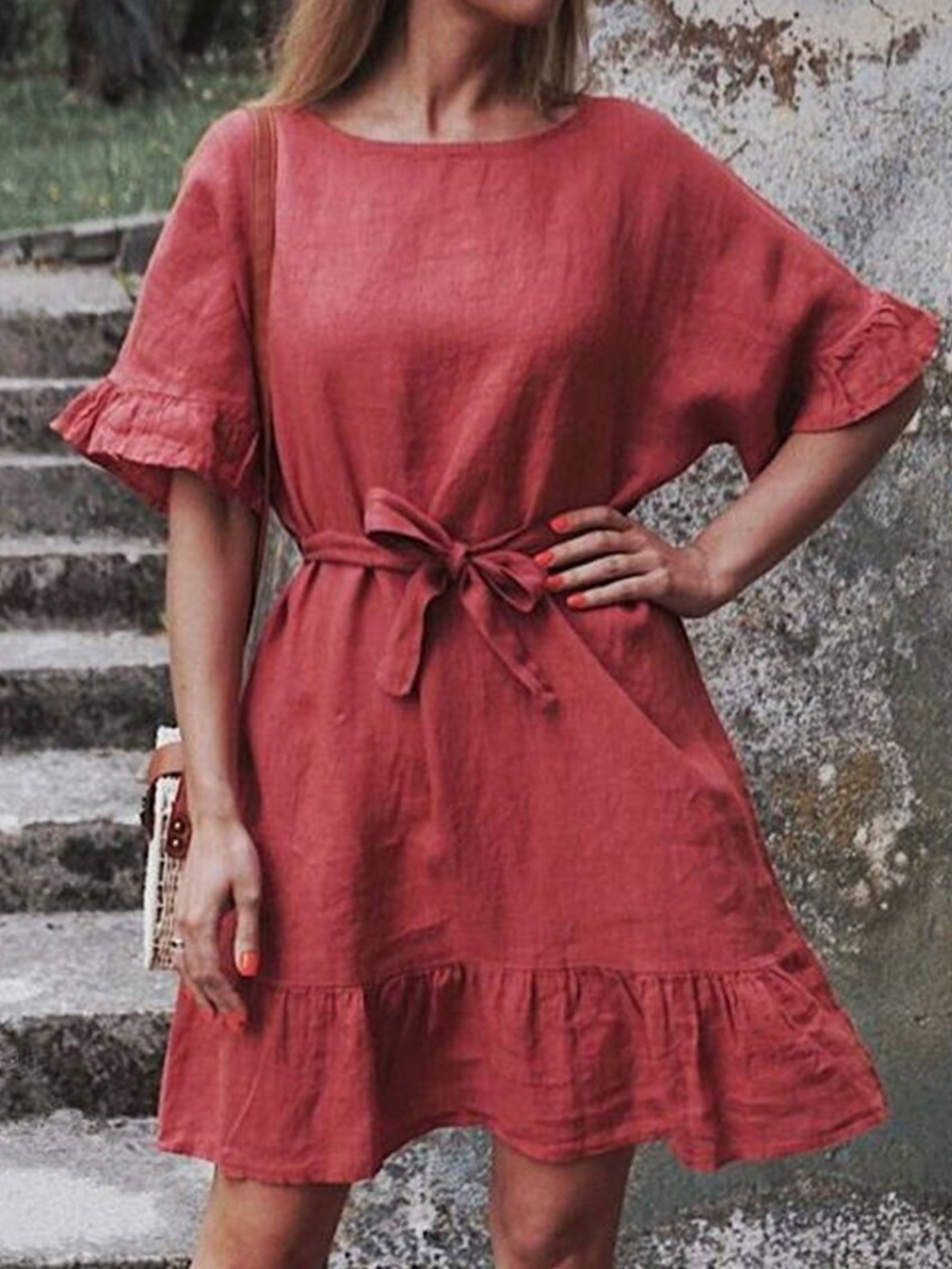 Round Neck Linen Solid Color Ruffle Sleeve Dress With Belt