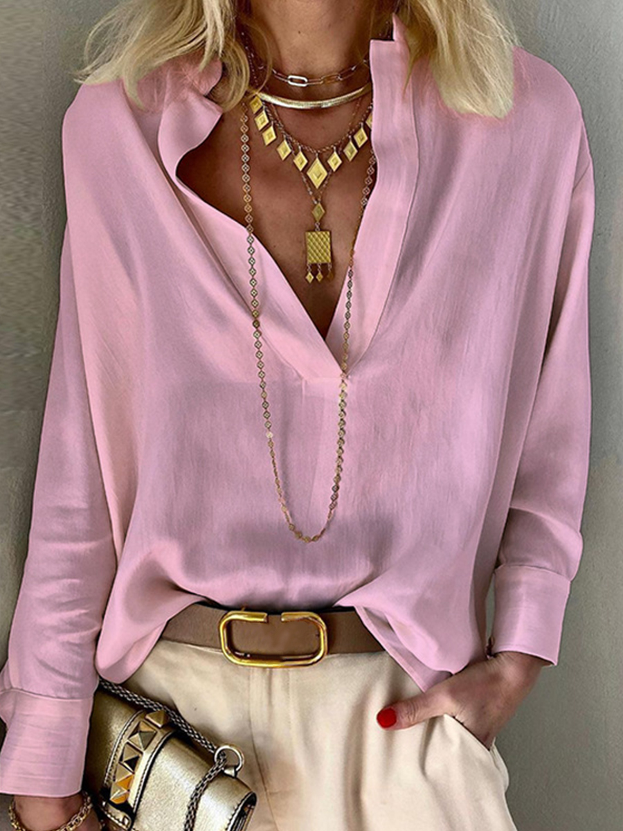 Solid Color Casual V Neck Long Sleeve Cotton Linen Blouse