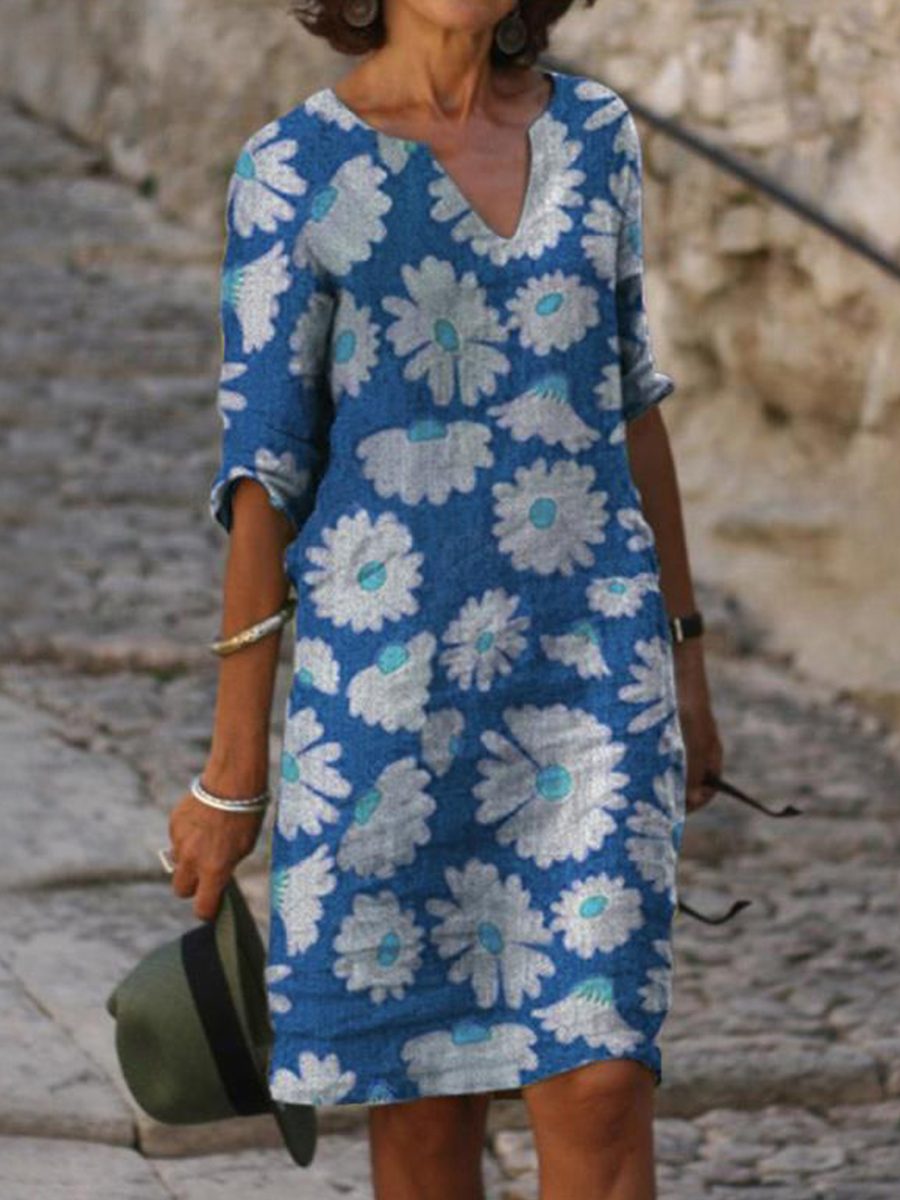 Summer Print Mid Sleeve V Neck Dress
