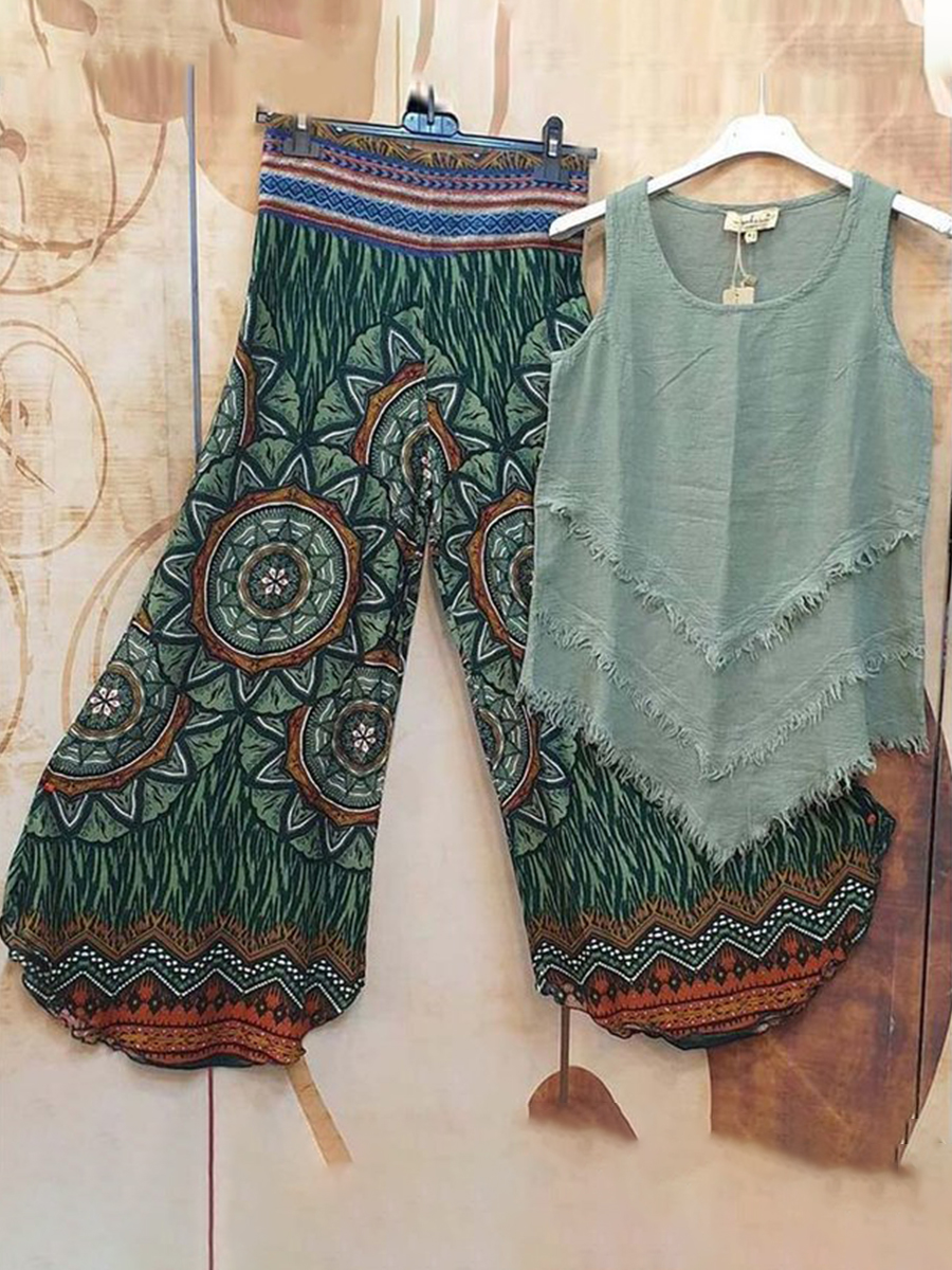 Fashion Vintage Cotton Casual Two Piece Set