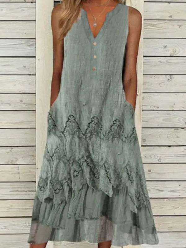 V-neck Loose Cutout Lace Panel Vacation Sleeveless Midi Dress - Oasisjoy.com 