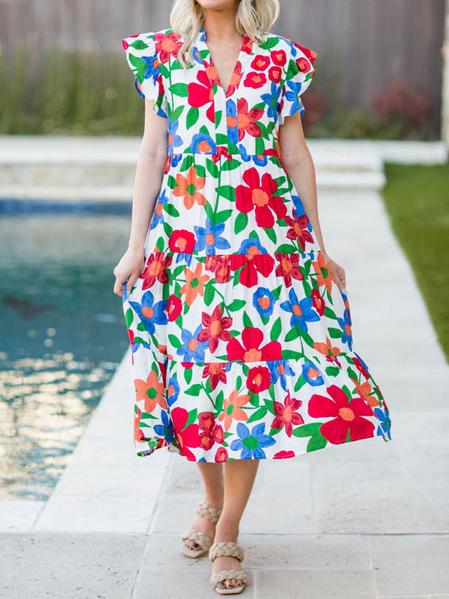 Fashion Loose Floral Print V Neck Short Sleeve Beach Midi Dress