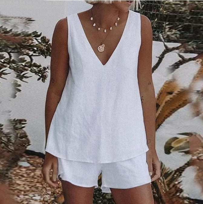 Summer Solid Color Casual Elastic Waist Two piece Suit