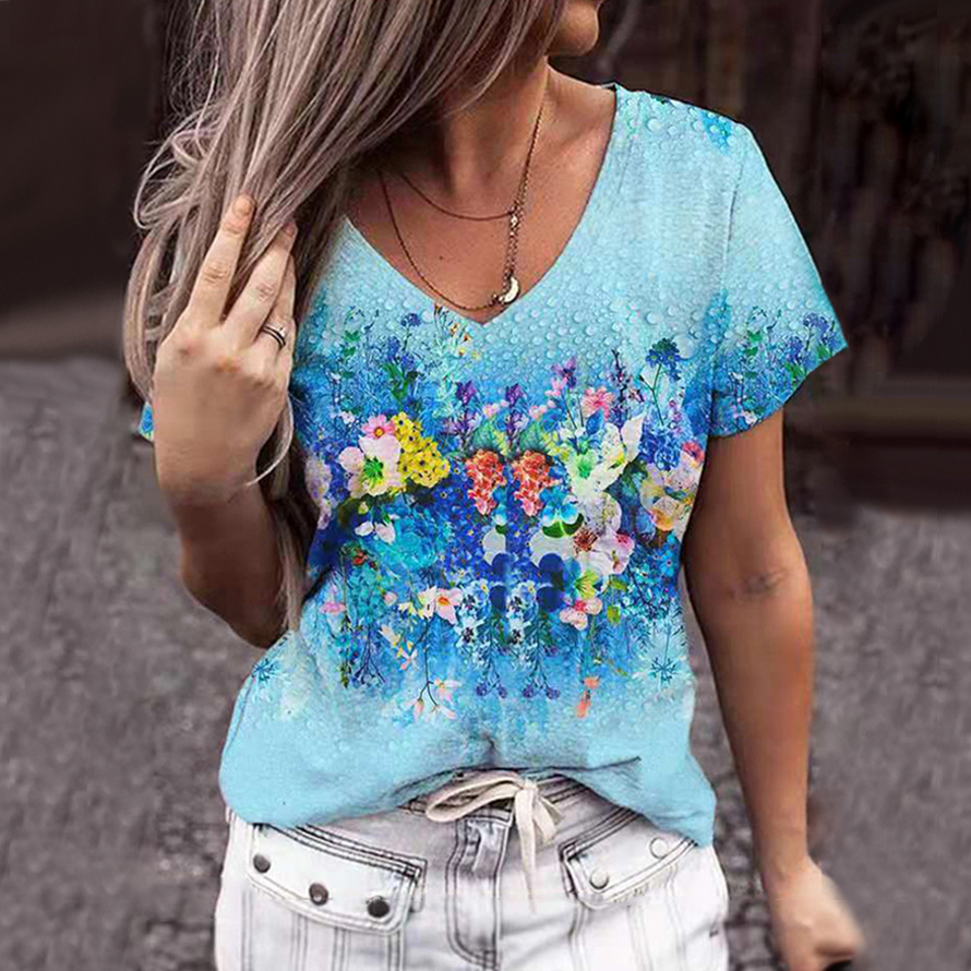 Women's Casual Henley V Neck Print T Shirt
