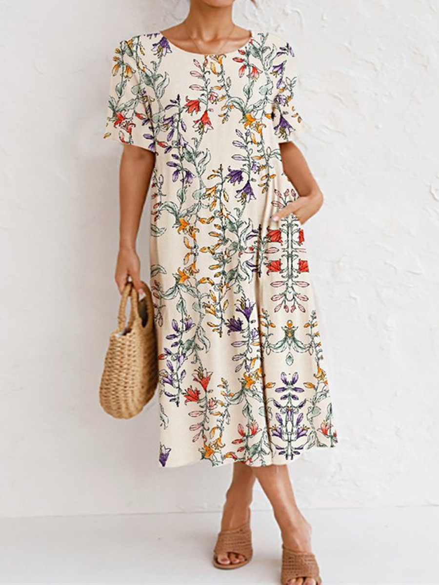 Casual Floral Print Crew Neck Short Sleeve Midi Dress