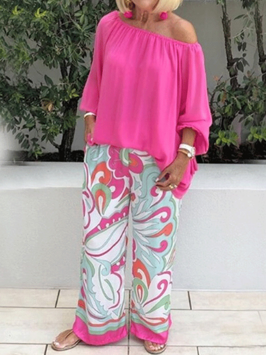 Summer Solid Color One shoulder Casual Two piece Suit