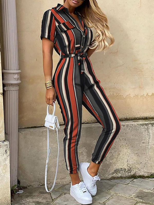 Ladies Elegant Casual Lapel Button Up Jumpsuit