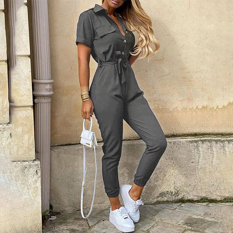 Ladies Elegant Casual Lapel Button Up Jumpsuit