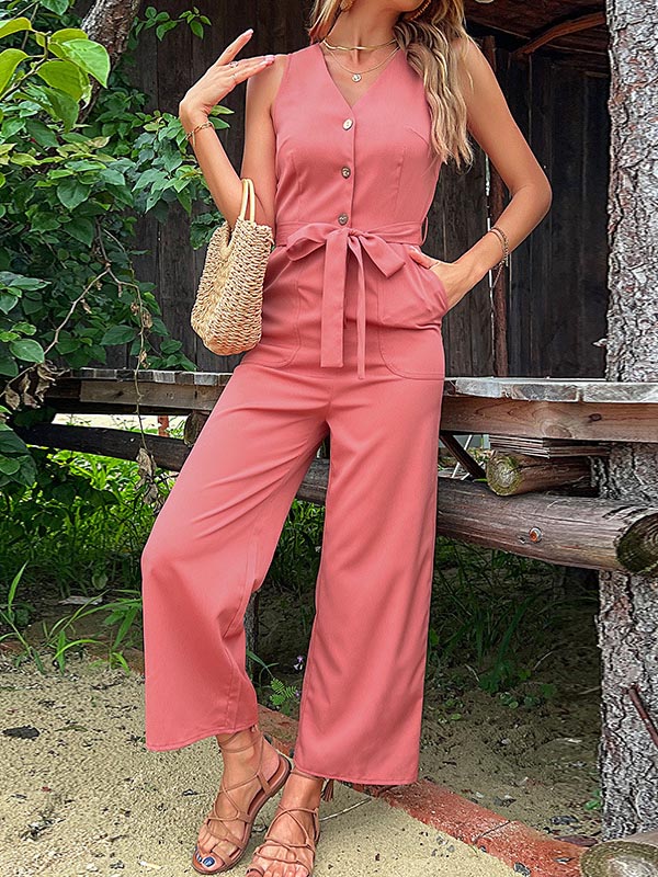Ladies Elegant Sleeveless Casual Lace Up Jumpsuit