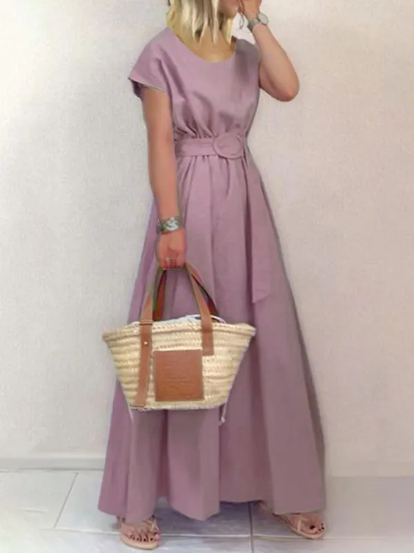 Round Neck Solid Color Maxi Dress With Belt - Cominbuy.com 
