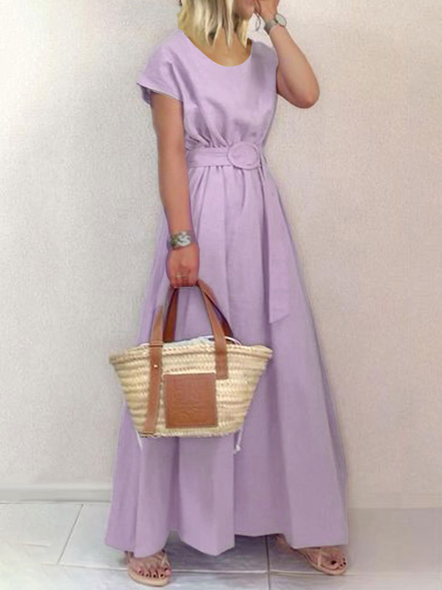 Round Neck Solid Color Maxi Dress With Belt
