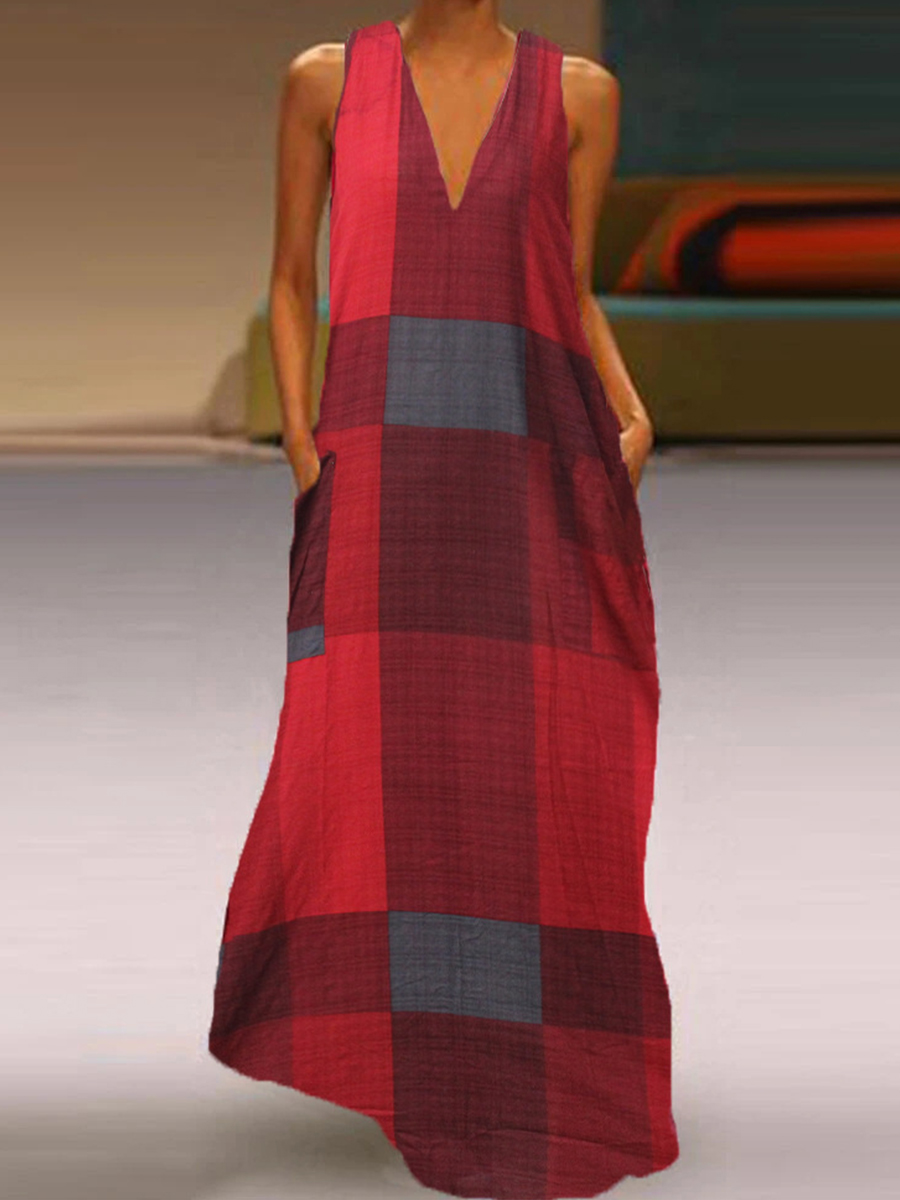 Summer V Neck Check Sleeveless Loosen Dress