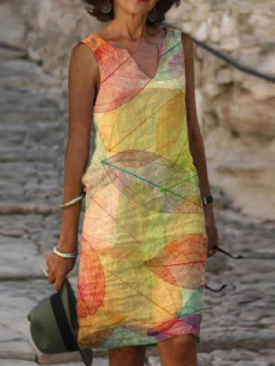 V neck Casual Loose Leaf Print Sleeveless Short Dress