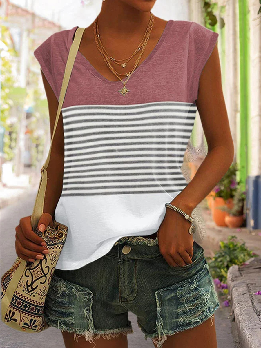 Women's V neck Summer Short sleeved Color Block T shirt