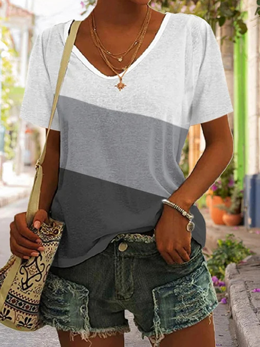 Casual Color Block V Neck Short Sleeve T Shirt