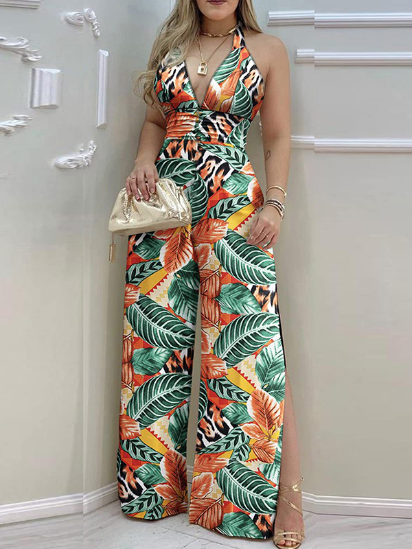 Ladies Sexy V Neck Halter Neck Waist Wide Leg Jumpsuit