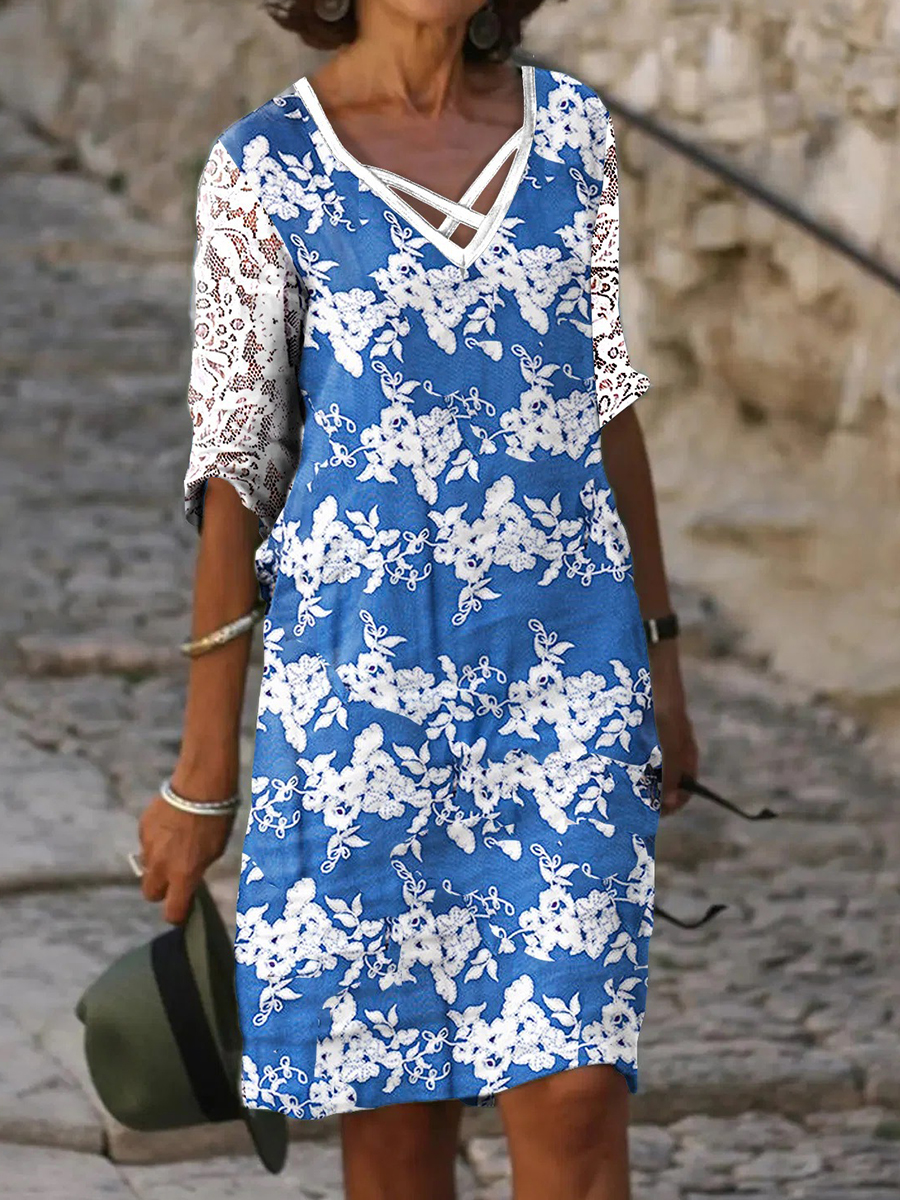 Summer V Neck Lace Sleeves Half Sleeves Printed Polyester Dress