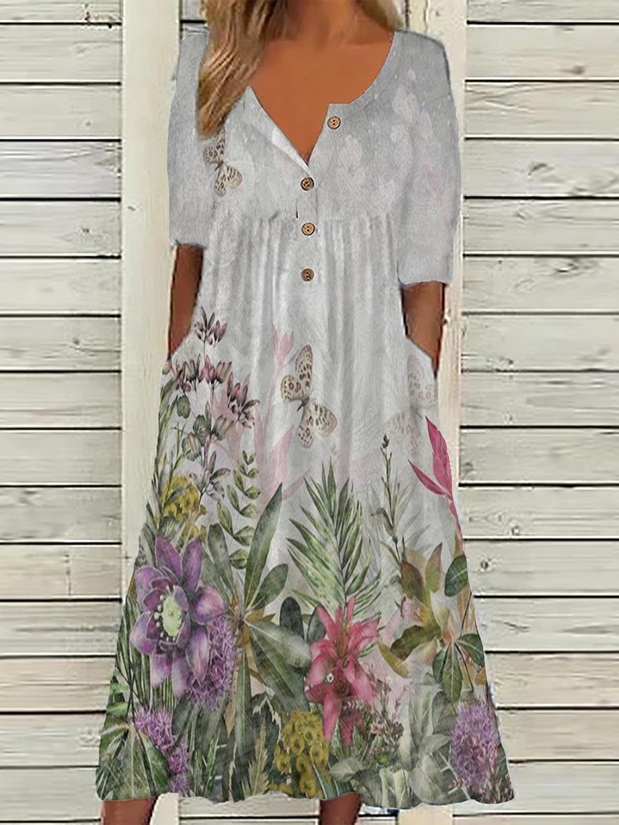 Floral Printed Round Neck Button Short Sleeve Polyester Dress