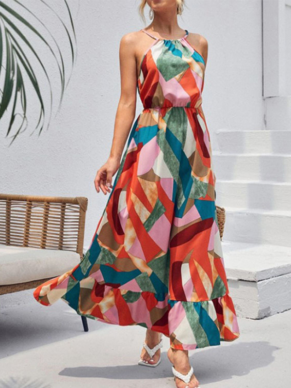 Ladies Elegant Resort Style Print Sleeveless Dress