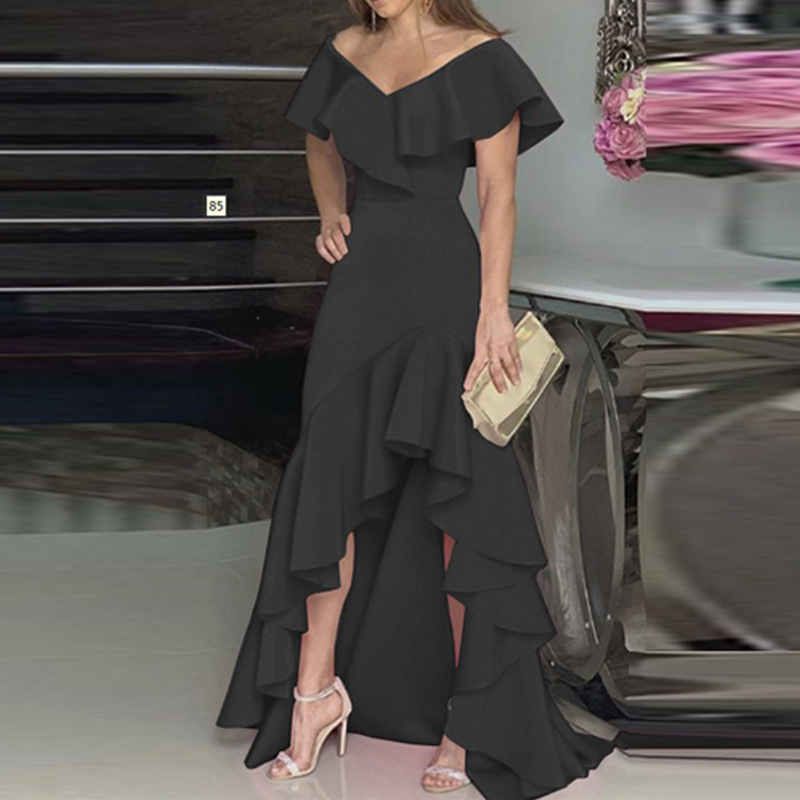 Ladies Elegant V Neck Ruffle Irregular Dress