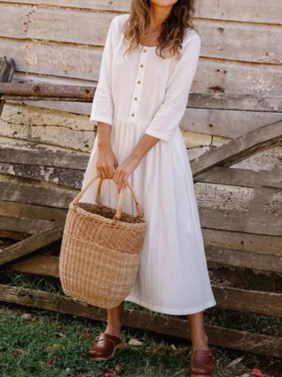 Cotton Linen Fashion Single Breasted Solid Color Dress