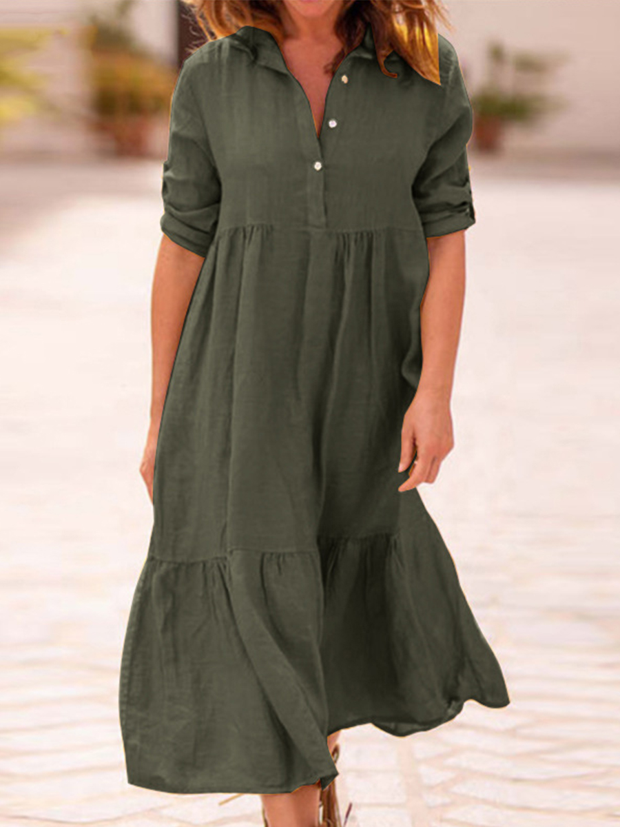 Cotton And Linen Solid Color Lapel Dress